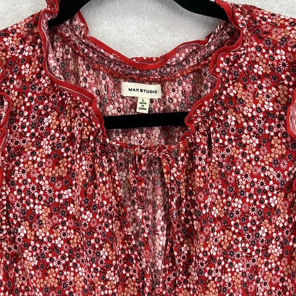Max Studio Women’s Tiered Peasant Dress Sz Med/Large* Red Floral Print Rayon EUC - Picture 3 of 12